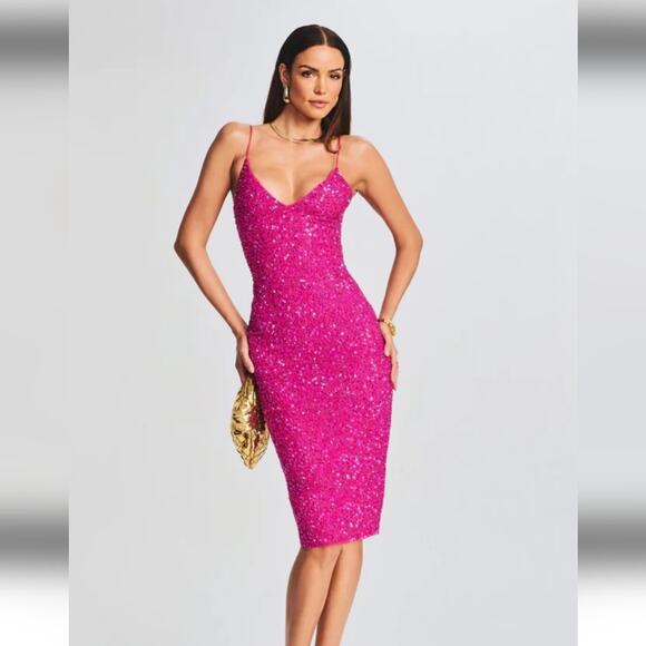 Retrofete Billy Sequin Dress in Knockout Pink Size XS NWT Spaghetti Straps - Picture 1 of 13